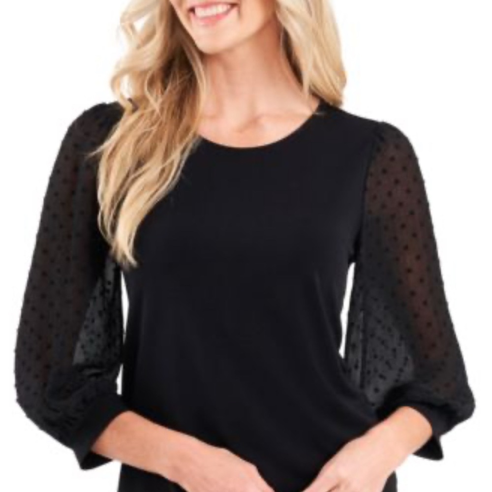 CeCe Black 3/4 Sheer Sleeve Pull Over Blouse
